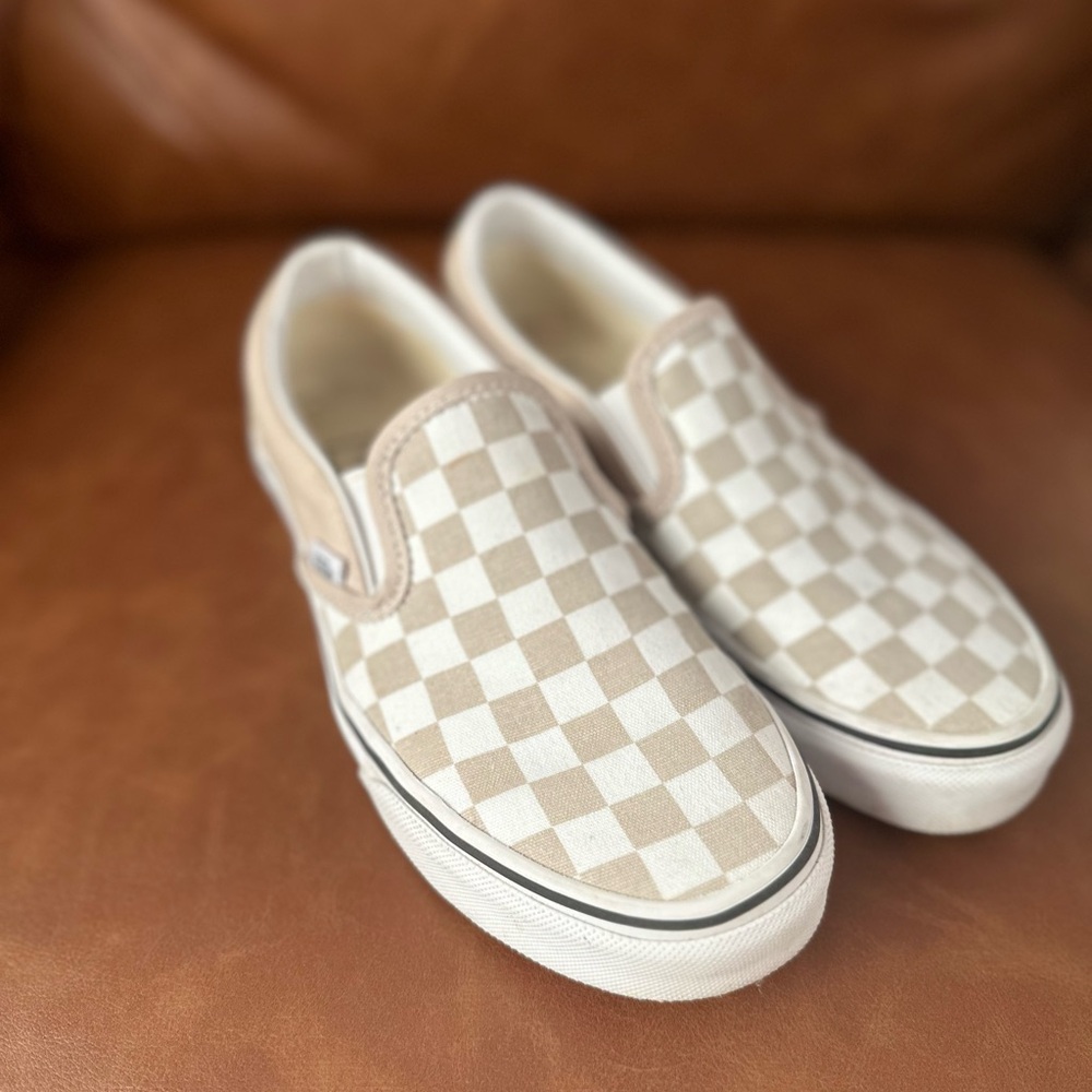Vans Women Checkerboard Slip-On Shoes - Tan and White